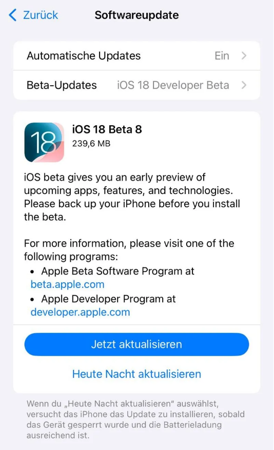 佛冈苹果手机维修分享苹果 iOS / iPadOS 18 开发者预览版 Beta 8 发布 